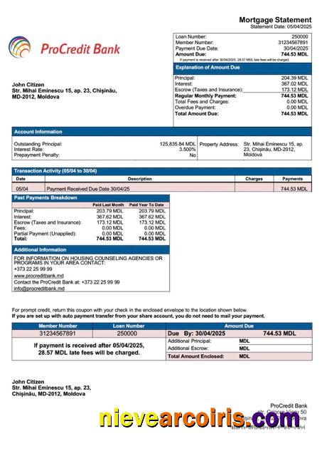 Moldova ProCredit Bank mortgage statement Word and PDF template